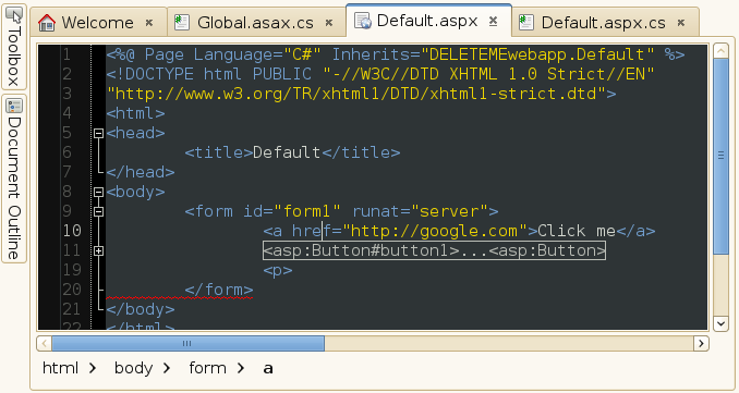 Screenshot of an ASP.NET file in MonoDevelop with error underlining, code
folding and a path bar.