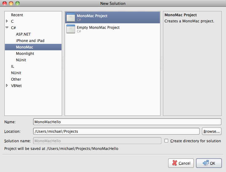MonoDevelop New Project dialog showing MonoMac Project types