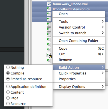 Changing the build action using the solution pad context
menu